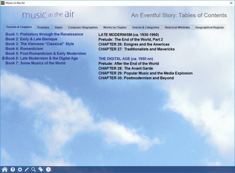 Screenshot of Tables of Contents Screenshot of the Tables of Contents shows various options for sorting centuries of music's stories