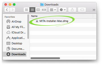 Downloads folder in Finder, with the file MITA-Installer-Mac circled