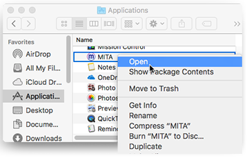 Screenshot of cursor hovering over "Open" option after having right-clicked MITA from the Applications folder