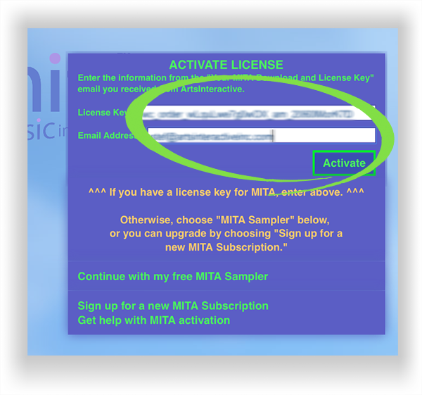 Screenshot of MITA’s “Activate License” screen, with the spaces for entering one's license key and email address, as well as the “Activate” button, circled