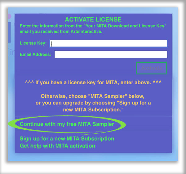 Screenshot of MITA’s “Activate License” screen, with the spaces for entering one's license key and email address, as well as the “Activate” button, circled
