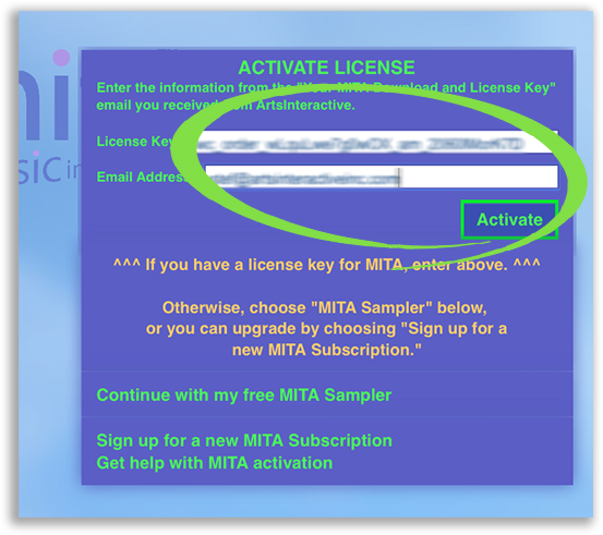 Screenshot of MITA’s “Activate License” screen, with the spaces for entering one's license key and email address, as well as the “Activate” button, circled