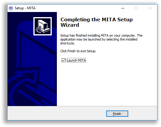 End of the MITA installer on Windows, where you can choose to launch MITA upon finishing