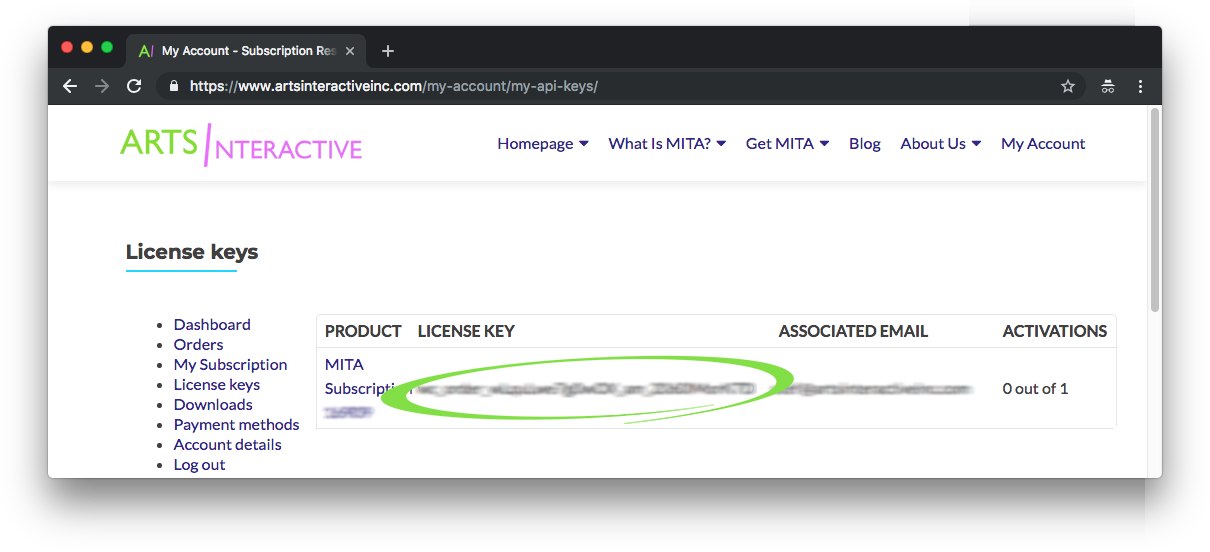 Screenshot showing the license keys page from My Account, with the license key circled and blurred out