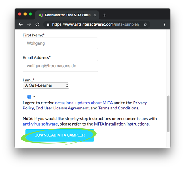 Screenshot of quick form to download free MITA Sampler, requiring only first name, email address, and user type