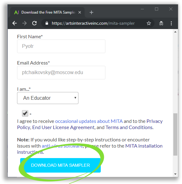 Screenshot of quick form to download free MITA Sampler, requiring only first name, email address, and user type