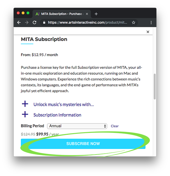 Subscription webpage, where you can choose between subscriptions of varying lengths. On the next page, enter essential personal and payment information to complete checkout.