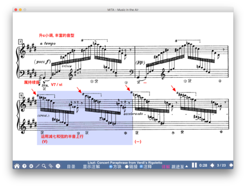 A screenshot of the Interactive Score to Liszt’s Concert Paraphrase from Verdi’s Rigoletto, from the Chinese translation of MITA