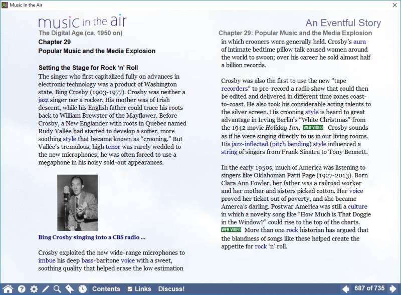A screenshot of a page introducing popular music, with a photo of Bing Crosby and a video link