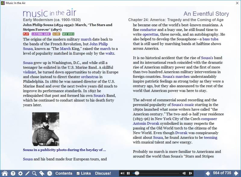 A screenshot of a page of MITA dedicated to Sousa's "Stars and Stripes Forever", with buttons to "Play" or go to the listening guide, score, or a web video