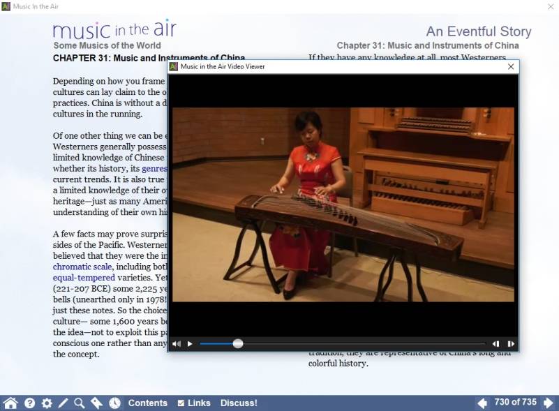 A screenshot of a section of MITA dedicated to Chinese music, with a video of Qin Xiao Ning demonstrating the sounds of the guzheng