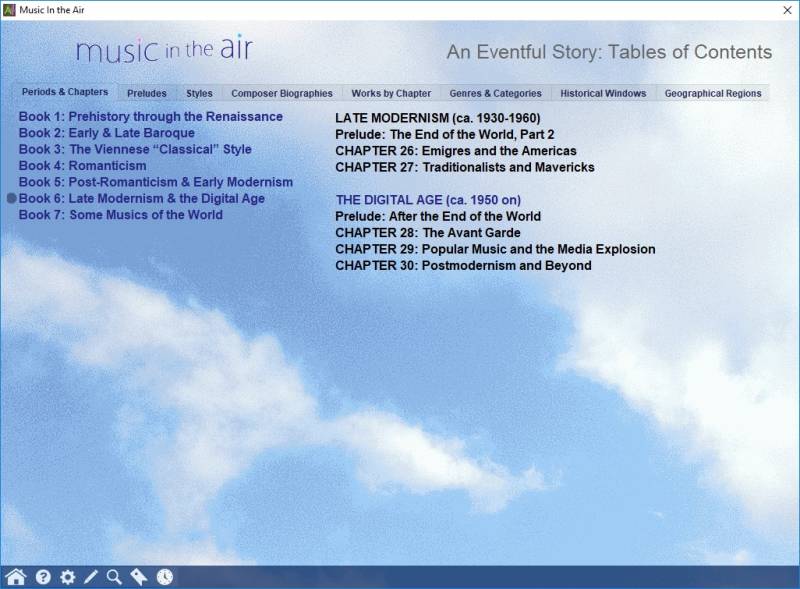 Screenshot of the Tables of Contents shows various options for sorting centuries of music's stories